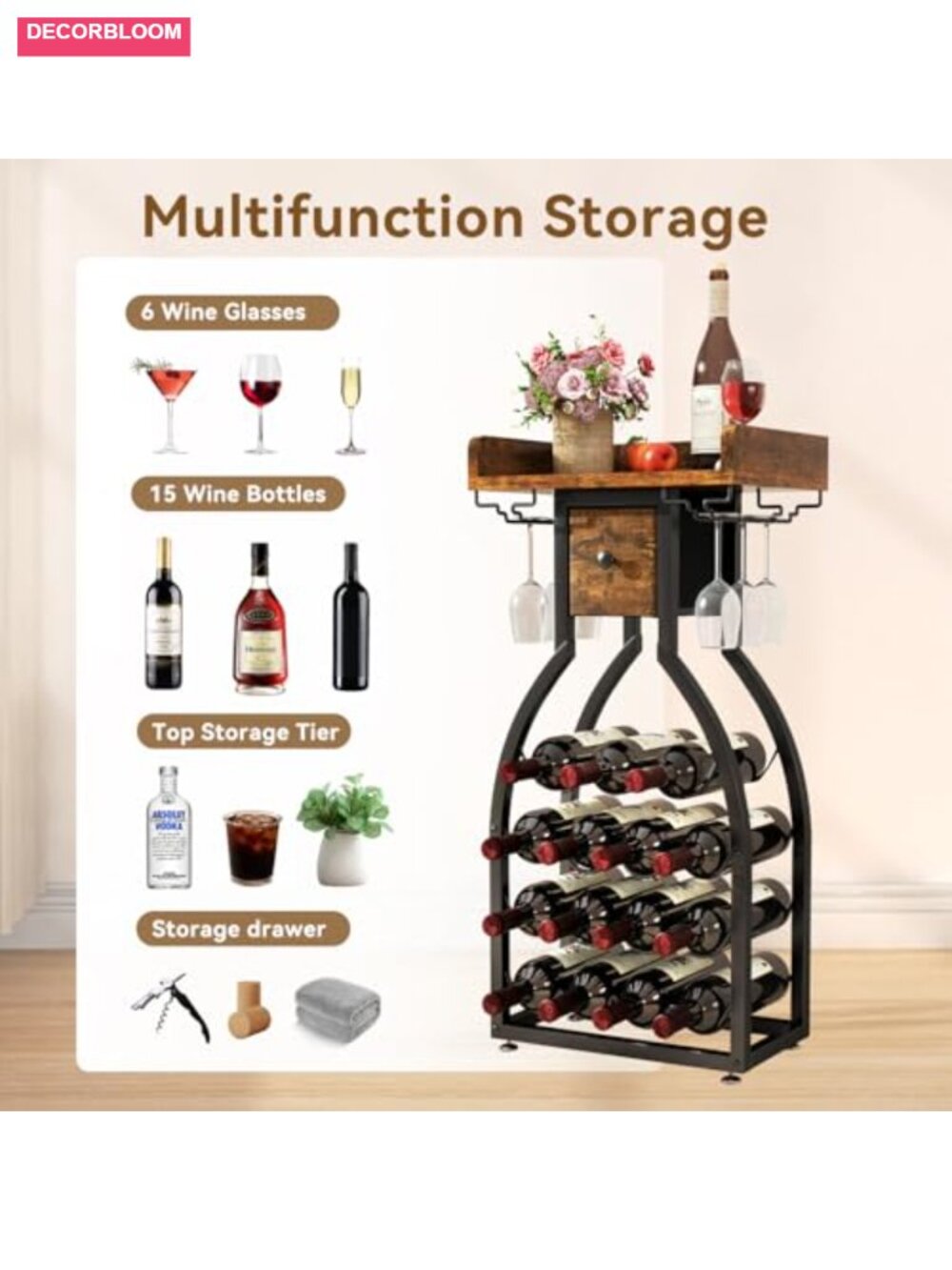 Freestanding Floor Wine Rack with Storage Drawer, 15 Bottle Capacity, Glass - Picture 4 of 6